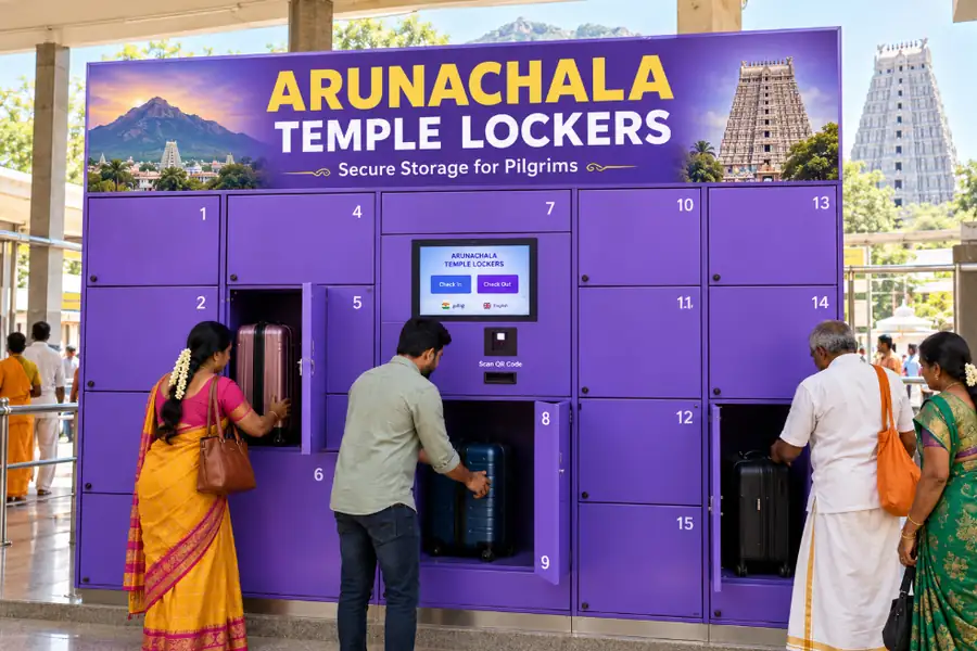 Arunachala Temple Lockers – pilgrims storing luggage in lockers near Arunachaleswarar Temple, Tiruvannamalai